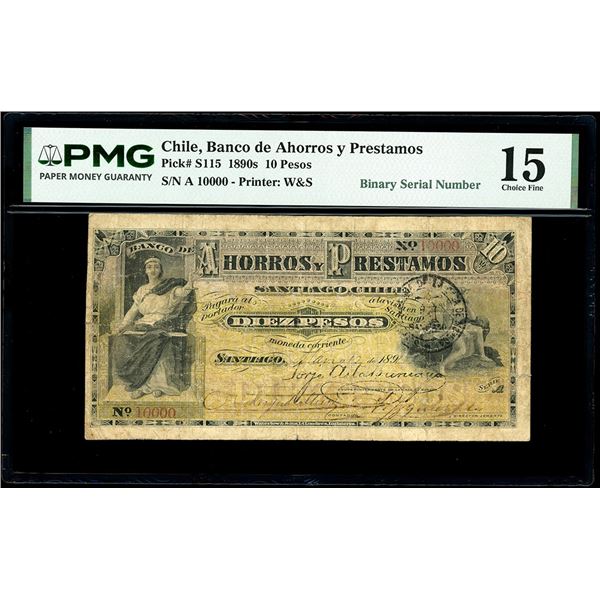CHILE, Santiago, Banco de Ahorros y Prestamos, 10 pesos, 12-3-1891, series A, binary serial 10000, P