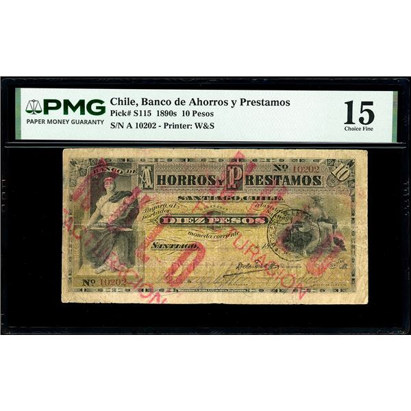CHILE, Santiago, Banco de Ahorros y Prestamos, 10 pesos, (1890s), series A, serial 10202, with red N
