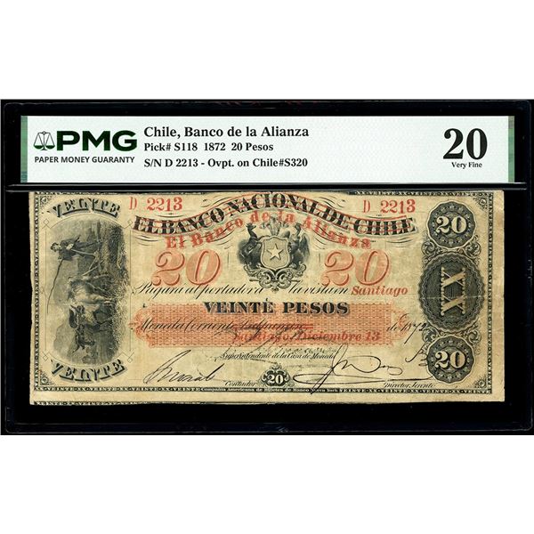 CHILE, Santiago, Banco de la Alianza, 20 pesos, 13-12-1872, serial D2213, red overprint on a Banco N