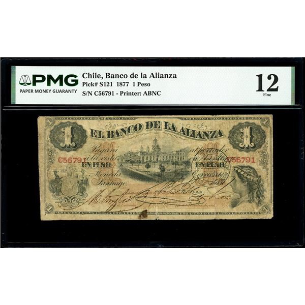 CHILE, Santiago, Banco de la Alianza, 1 peso, 13-11-1877, serial C56791, rare, PMG F 12, finest and 