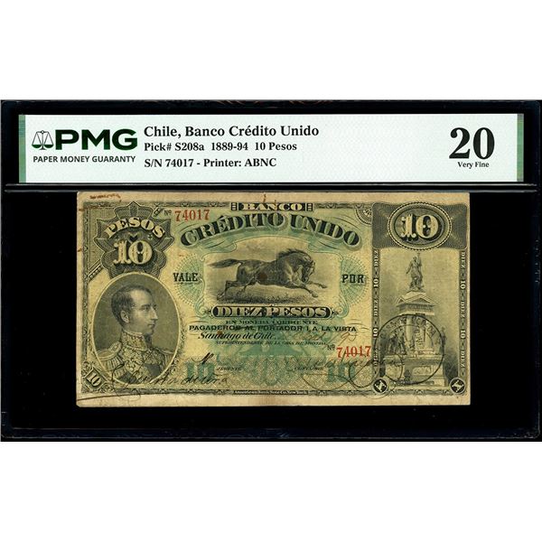 CHILE, Santiago, Banco Crédito Unido, 10 pesos, 1-4-1895, serial 74017, rare, PMG VF 20, finest and 