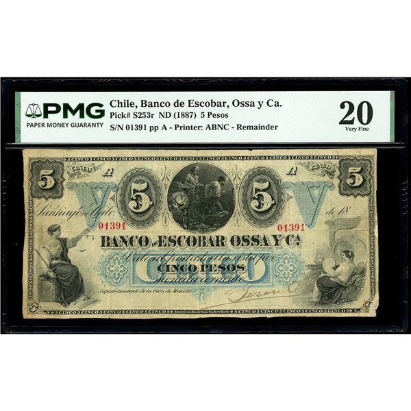 CHILE, Santiago, Banco de Escobar, Ossa y Ca., 5 pesos remainder, no date (1887), serial 01391, PMG 