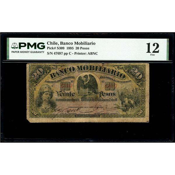 CHILE, Santiago, Banco Mobiliario, 20 pesos, 2-1-18XX (1880s), serial 47697, very rare, PMG F 12, fi