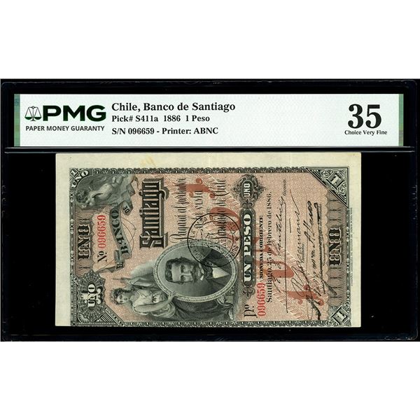 CHILE, Santiago, Banco de Santiago, 1 peso, 25-2-1886, serial 096659, rare, PMG Choice VF 35, finest