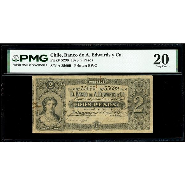 CHILE, Valparaiso, Banco de A. Edwards y Ca., 2 pesos, 1-1-1878, serial 35699, PMG VF 20, finest and