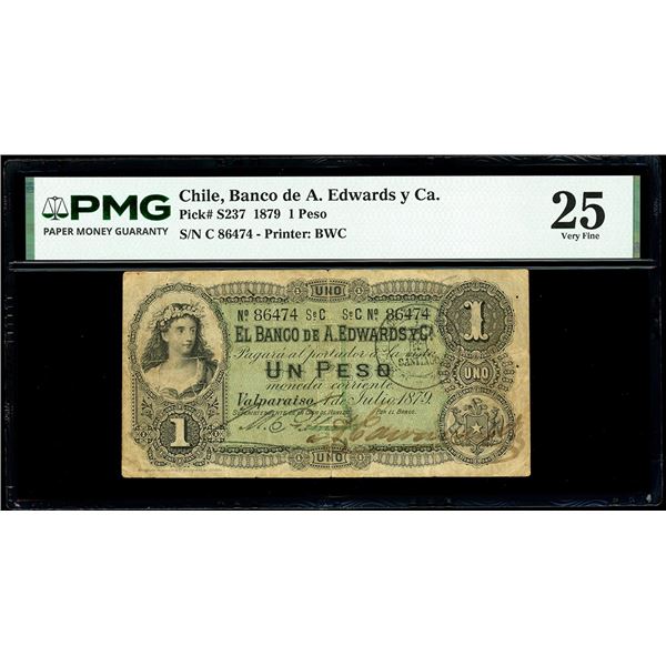 CHILE, Valparaiso, Banco de A. Edwards y Ca., 1 peso, 1-7-1879, series C, serial 86474, PMG VF 25, f