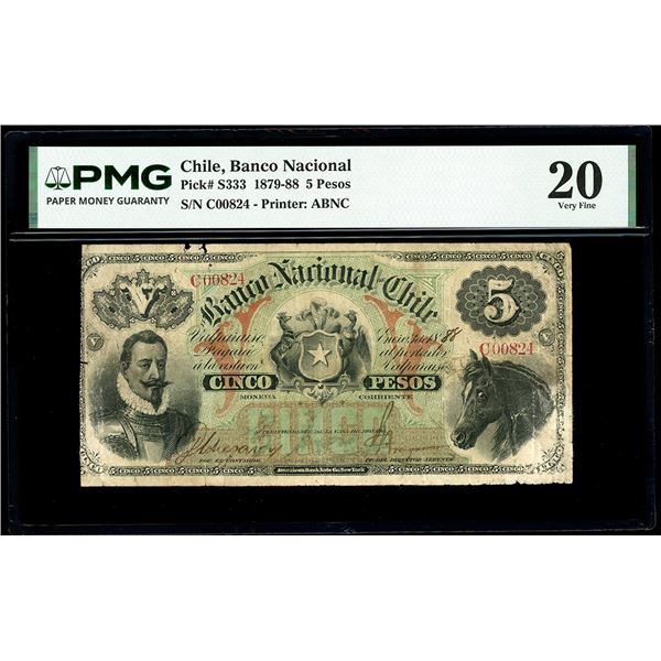 CHILE, Valparaiso, Banco Nacional, 5 pesos, 3-1-1888, serial C00824, very rare, PMG VF 20, finest an