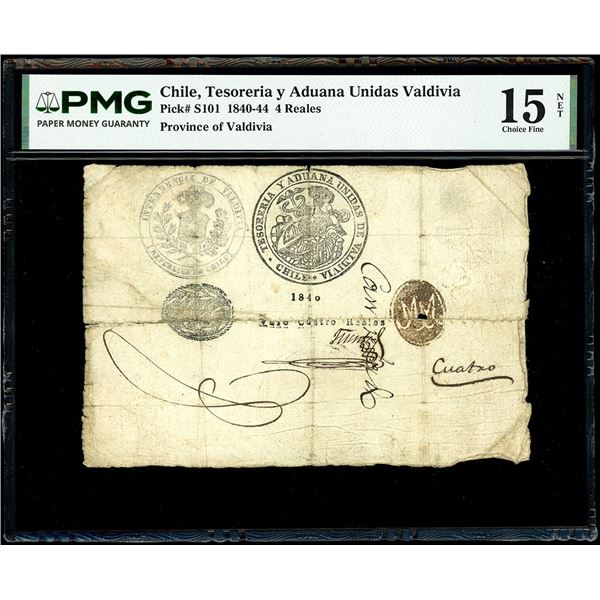 CHILE, Valdivia, Tesorería y Aduana Unidas Valdivia, 4 reales, 1840, very rare, PMG Choice F 15 NET.