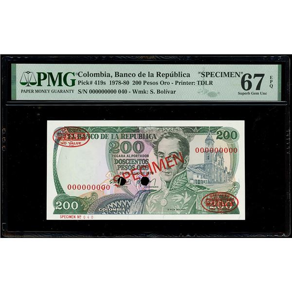 COLOMBIA, Banco de la República, 200 pesos oro specimen, 20-7-1978, PMG Superb Gem UNC 67 EPQ.