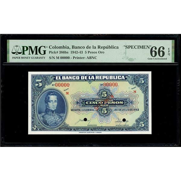 COLOMBIA, Banco de la República, 5 pesos oro specimen, 20-7-1943, PMG Gem UNC 66 EPQ.