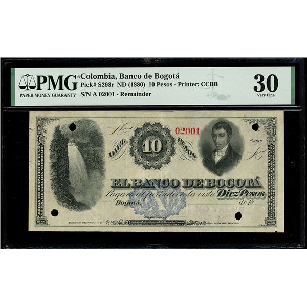 COLOMBIA, Bogotá, Banco de Bogotá, 10 pesos remainder, (1880), series A, serial 02001, very rare, PM