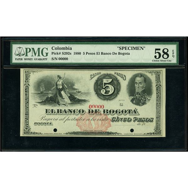 COLOMBIA, Bogotá, Banco de Bogotá, specimen 5 pesos, (1880), serial A, very rare, PMG Choice AU 58 E