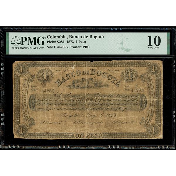 COLOMBIA, Bogotá, Banco de Bogotá, 1 peso, 1-5-1873, series E, serial 44285, unique, PMG VG 10, fine