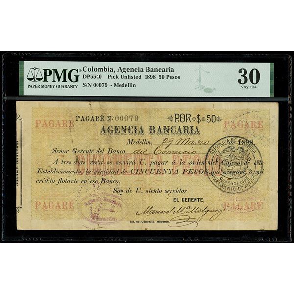 COLOMBIA, Medellín, Agencia Bancaria, 50 pesos, 29-3-1898, serial 79, unique, PMG VF 30, finest and 