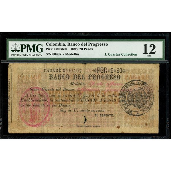 COLOMBIA, Medellín, Banco del Progreso, 20 pesos, 29-3-1898, serial 407, unique, PMG F 12, finest an