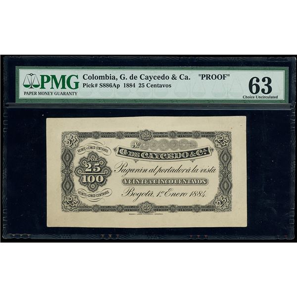 COLOMBIA, Bogotá, G. de Caycedo & Ca., 25 centavos, 1-1-1884, unique, PMG Choice UNC 63, finest and 