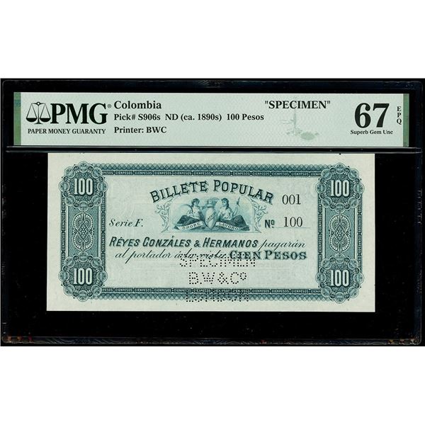COLOMBIA, Bucaramanga, Reyes Gonzáles & Hermanos, specimen 100 pesos, no date (1890s), series F, ser