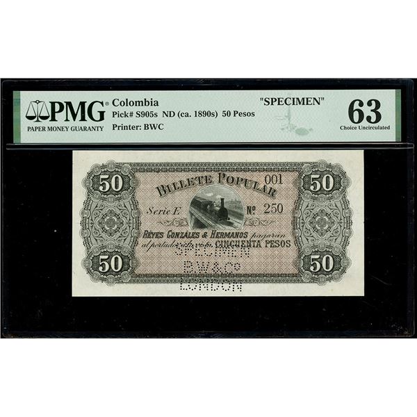 COLOMBIA, Bucaramanga, Reyes Gonzáles & Hermanos, specimen 50 pesos, no date (1890s), series E, seri