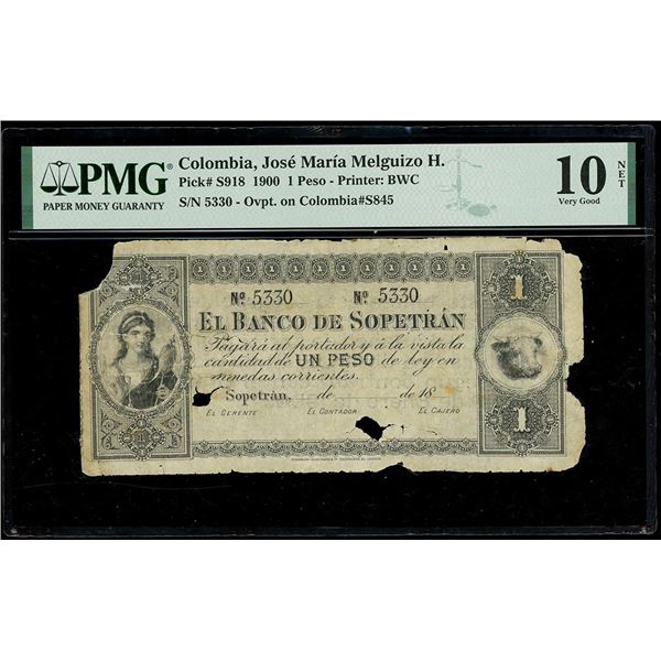 COLOMBIA, Sopetrán, José María Melguizo H., 1 peso, 19-1-1900, serial 5330, black overprint on a Ban