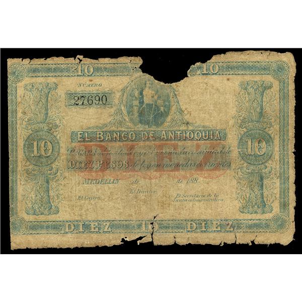 COLOMBIA, Medellín, José María Melguizo H., 10 pesos, 19-1-1900, serial 27690, black overprint on a 