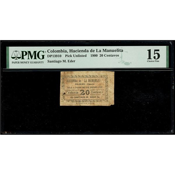COLOMBIA, Palmira, Hacienda de la Manuelita, 20 centavos, (1900), extremely rare, PMG Choice F 15.