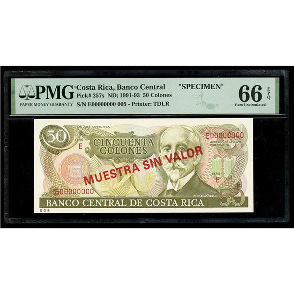 COSTA RICA, San José, Banco Central, 50 colones specimen, no date (1991-93),  series E, PMG Gem UNC 