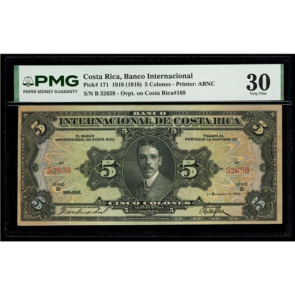 COSTA RICA, San José, Banco Internacional, 5 colones, 9-10-1918, series B, serial 52659, black overp