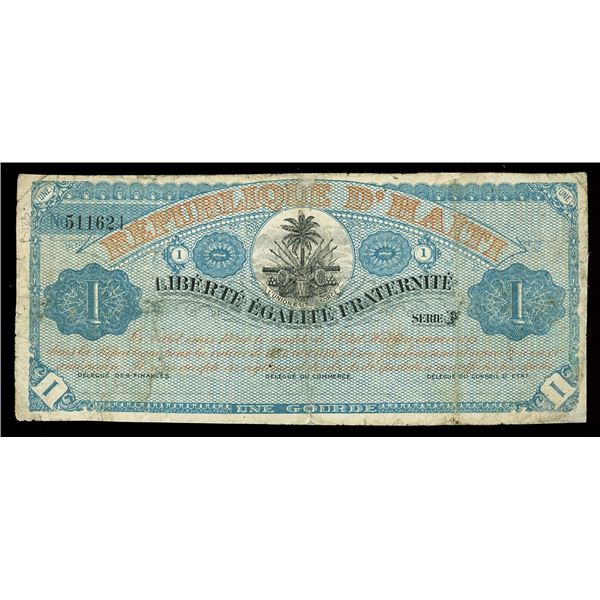 HAITI, Republique d'Haiti, 1 gourde remainder, (1916), with red overprint.