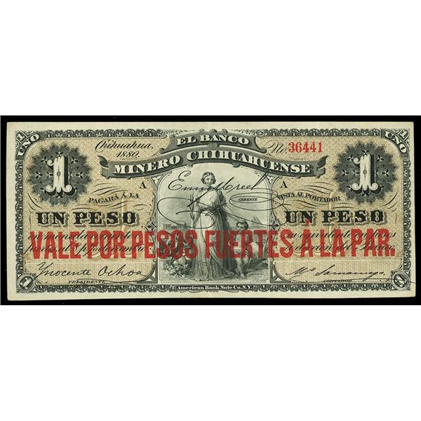 MEXICO, Chihuahua, Banco Minero Chihuahuense, 1 peso, 1880, serial 36441, with red VALE overprint.