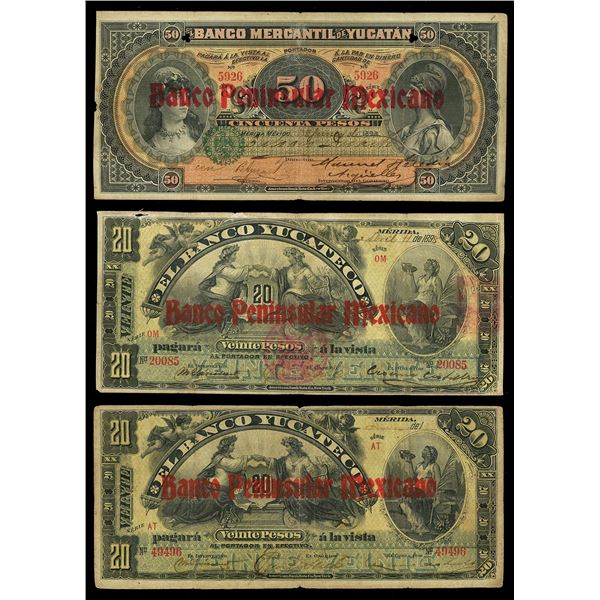 MEXICO, Mérida, Banco Peninsular Mexicano, group of seven notes: 50 pesos, 1-6-1898; 20 pesos, 11-4-