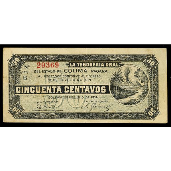MEXICO, Colima, Tesorería Gral. del Estado de Colima, 50 centavos, 22-7-1914, series B, serial 20369