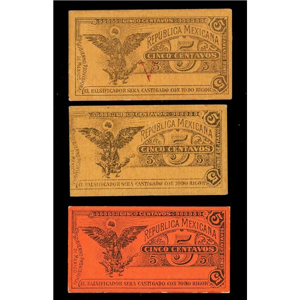 MEXICO, (Mexico City), Gobierno Provisional, lot of three 5 centavos, no date (1914).