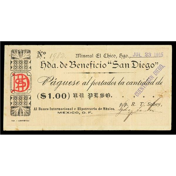 MEXICO, Mineral El Chico, Hacienda de Beneficio "San Diego," 1 peso, July 23, 1915, serial 1982.