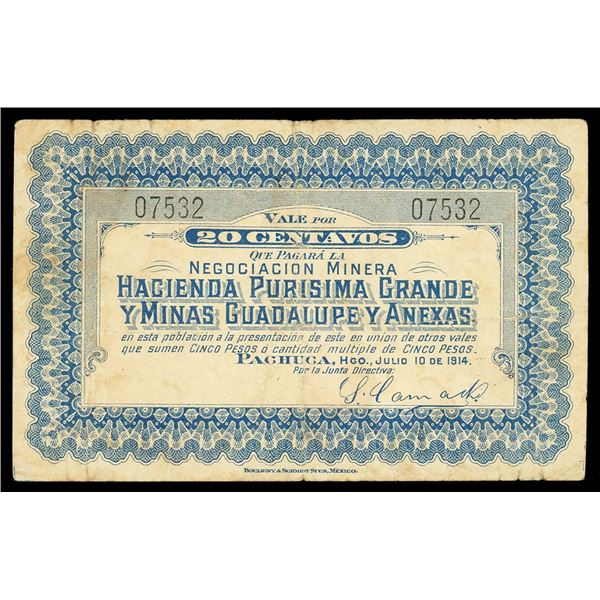 MEXICO, Pachuca, Hacienda Purísima Grande y Minas Guadalupe y Anexas de Pachuca, 20 centavos, 10-7-1