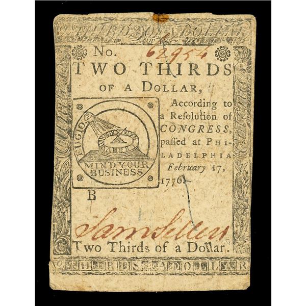UNITED STATES, Continental Congress, $2/3 "Fugio note," February 17, 1776, serial 62954, plate B.