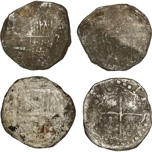 BOLIVIA, Potosí, lot of two cob 2 reales, Philip III or IV, assayers not visible.