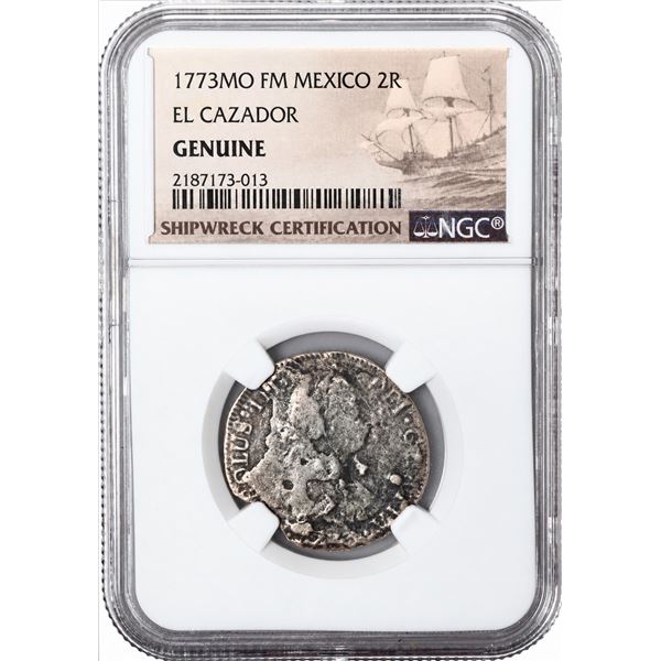 MEXICO, Mexico City, bust 2 reales, Charles III, 1773 FM, NGC Genuine (El Cazador Shipwreck Brown La