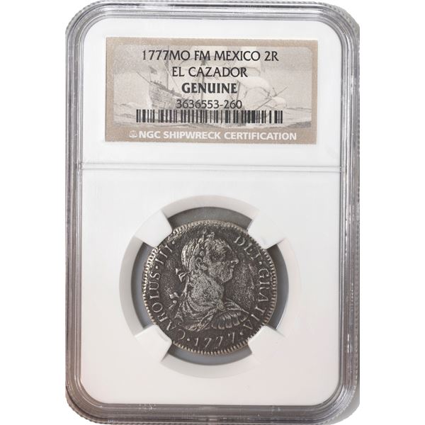 MEXICO, Mexico City, bust 2 reales, Charles III, 1777 FM, NGC Genuine (El Cazador Shipwreck Brown La