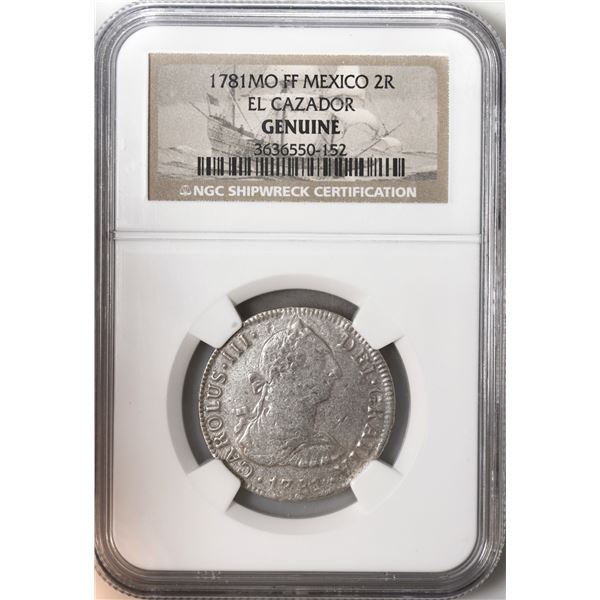 MEXICO, Mexico City, bust 2 reales, Charles III, 1781 FF, NGC Genuine (El Cazador Shipwreck Brown La