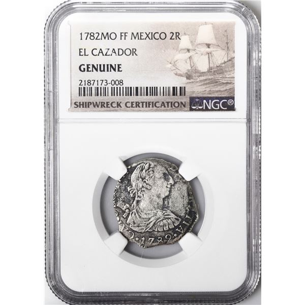 MEXICO, Mexico City, bust 2 reales, Charles III, 1782 FF, NGC Genuine (El Cazador Shipwreck Brown La