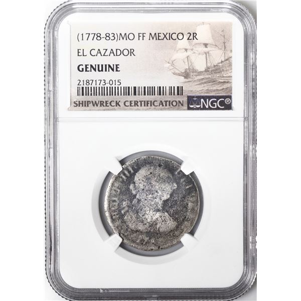 MEXICO, Mexico City, bust 2 reales, Charles III, 1783 FF, NGC Genuine (El Cazador Shipwreck Brown La