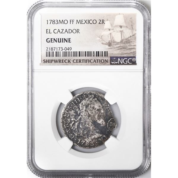 MEXICO, Mexico City, bust 2 reales, Charles III, 1783 FF, NGC Genuine (El Cazador Shipwreck Brown La