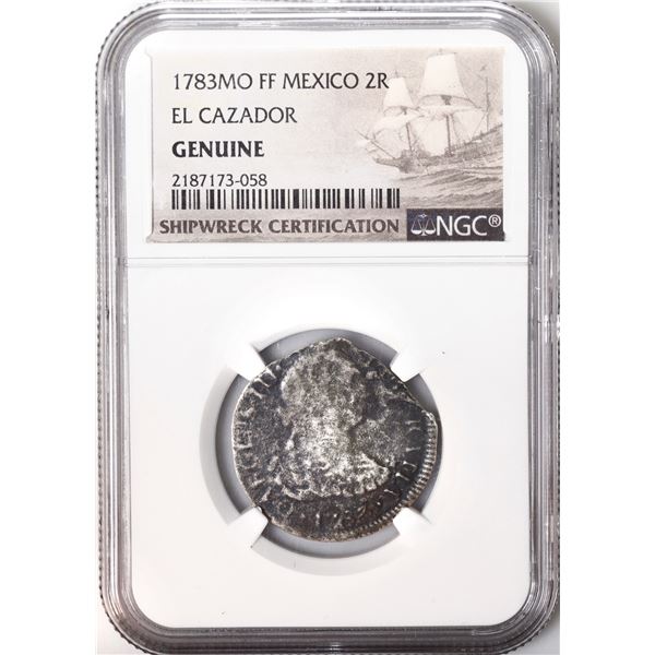 MEXICO, Mexico City, bust 2 reales, Charles III, 1783 FF, NGC Genuine (El Cazador Shipwreck Brown La