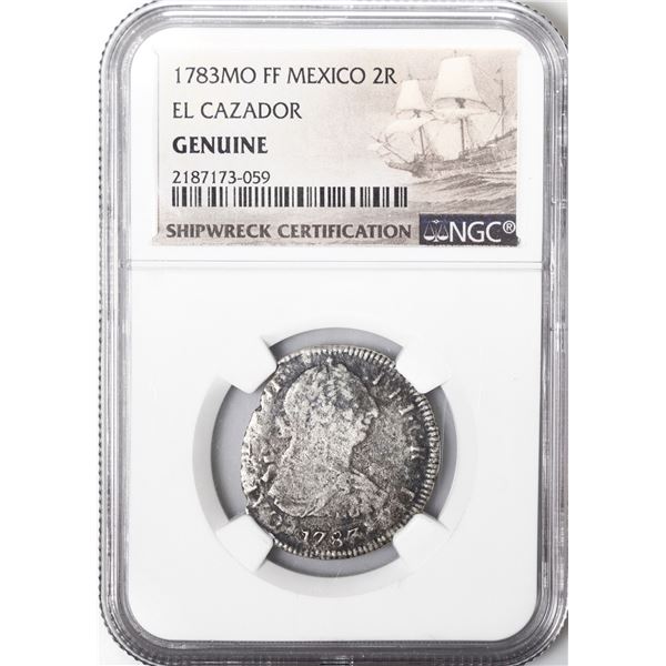 MEXICO, Mexico City, bust 2 reales, Charles III, 1783 FF, NGC Genuine (El Cazador Shipwreck Brown La