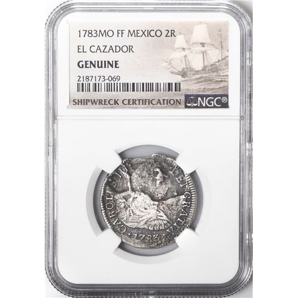 MEXICO, Mexico City, bust 2 reales, Charles III, 1783 FF, NGC Genuine (El Cazador Shipwreck Brown La