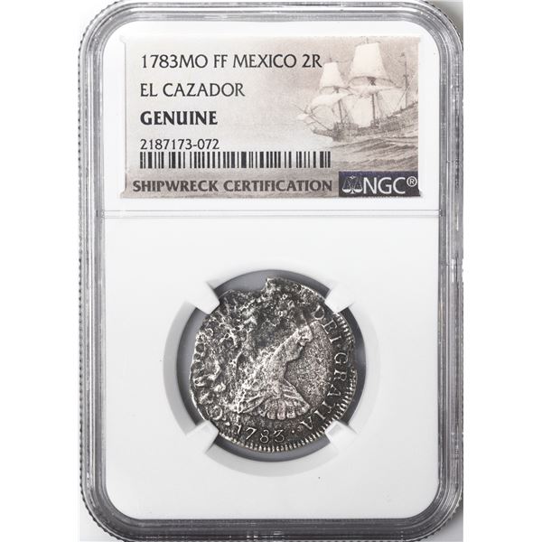 MEXICO, Mexico City, bust 2 reales, Charles III, 1783 FF, NGC Genuine (El Cazador Shipwreck Brown La