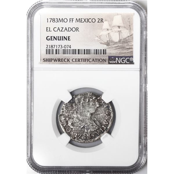 MEXICO, Mexico City, bust 2 reales, Charles III, 1783 FF, NGC Genuine (El Cazador Shipwreck Brown La