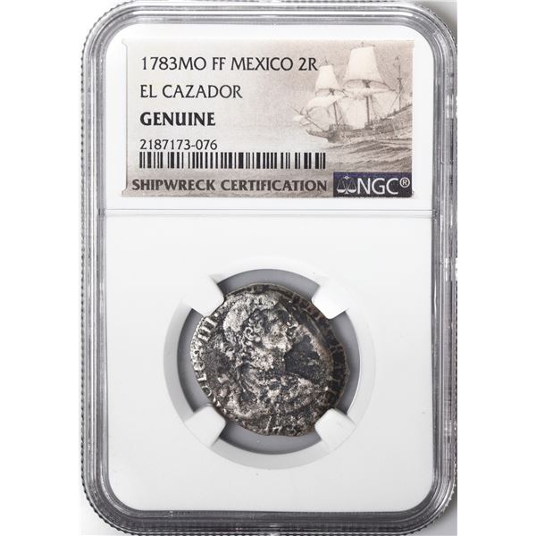 MEXICO, Mexico City, bust 2 reales, Charles III, 1783 FF, NGC Genuine (El Cazador Shipwreck Brown La