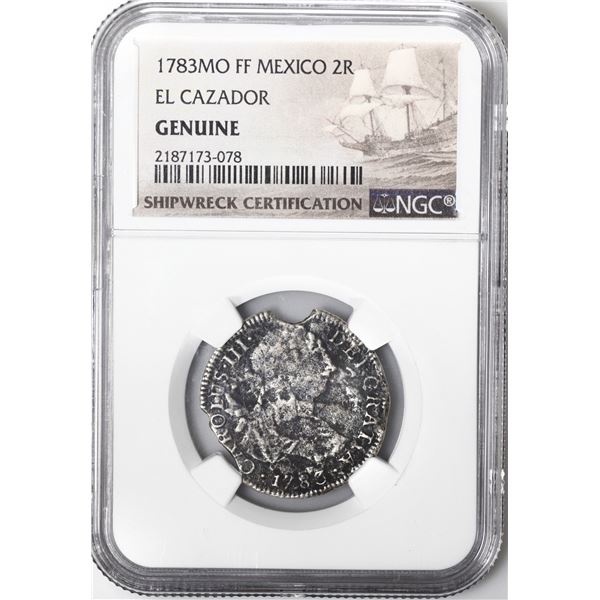 MEXICO, Mexico City, bust 2 reales, Charles III, 1783 FF, NGC Genuine (El Cazador Shipwreck Brown La