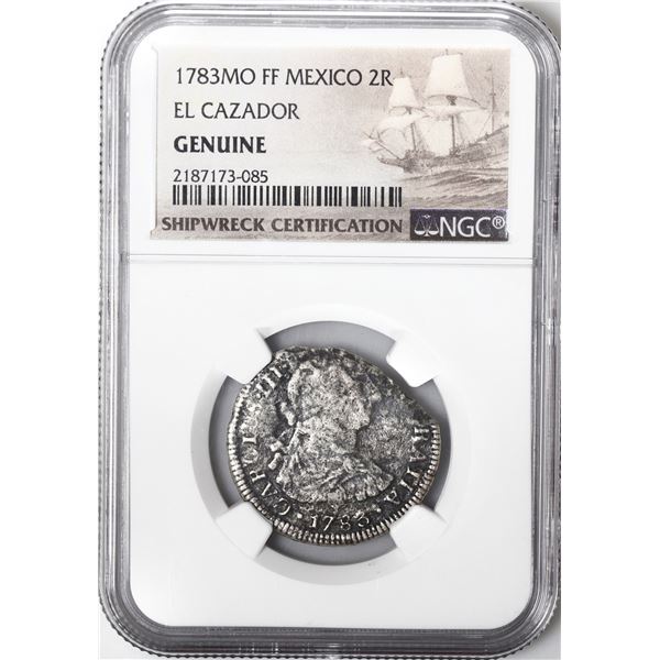 MEXICO, Mexico City, bust 2 reales, Charles III, 1783 FF, NGC Genuine (El Cazador Shipwreck Brown La
